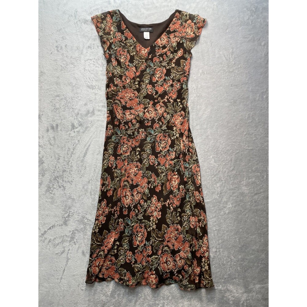 Jones New York 6 Signature Silk Satin Floral Dress V-Neck